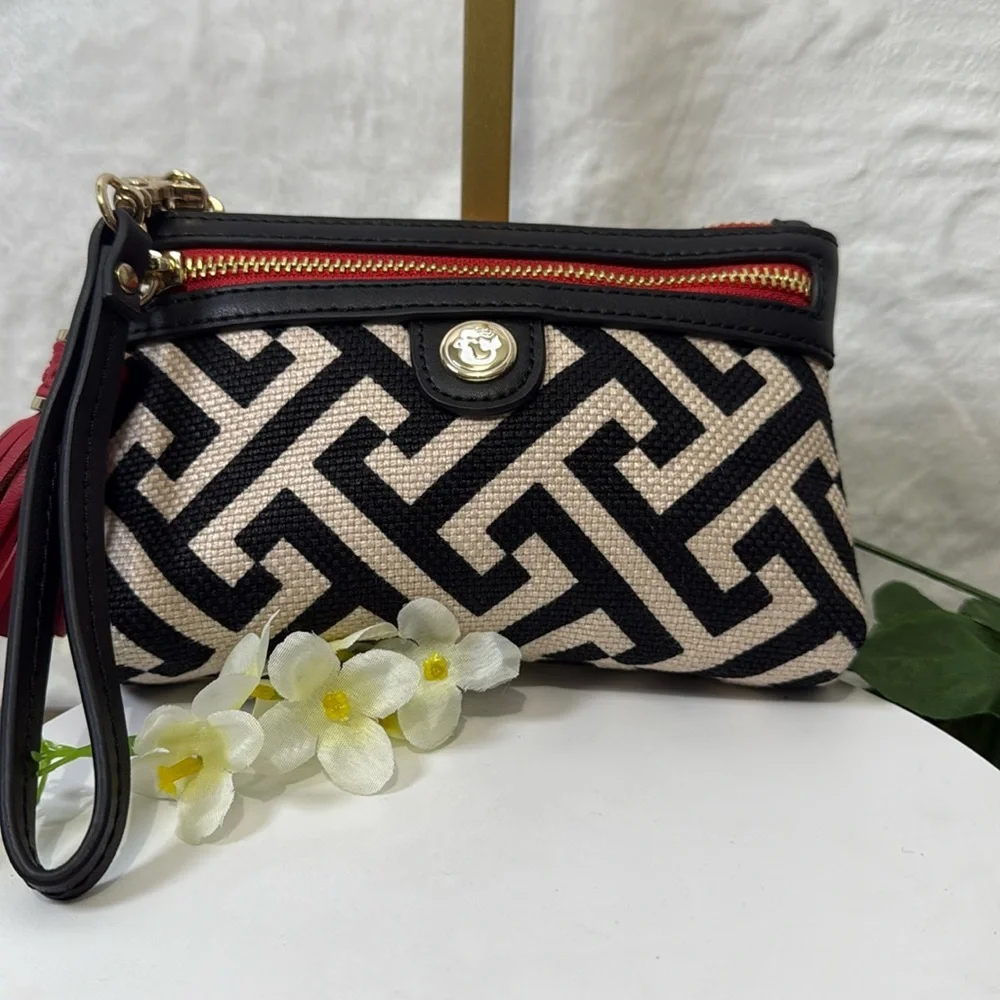 New. Spartina 449 Black and Red Geometric Clutch with Tassel